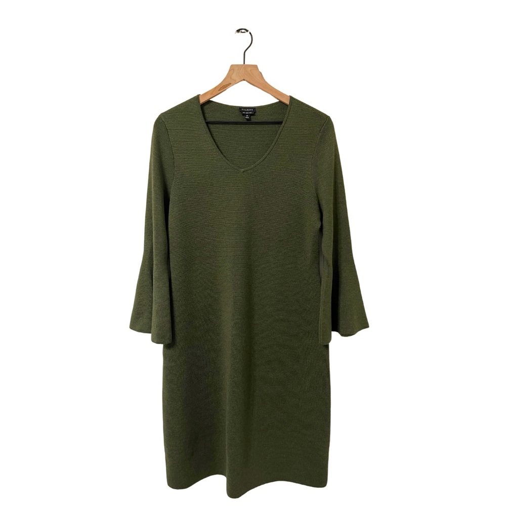 Talbots Pure Merino Wool Flare Sleeve Shift Army Green Dress Size Medium